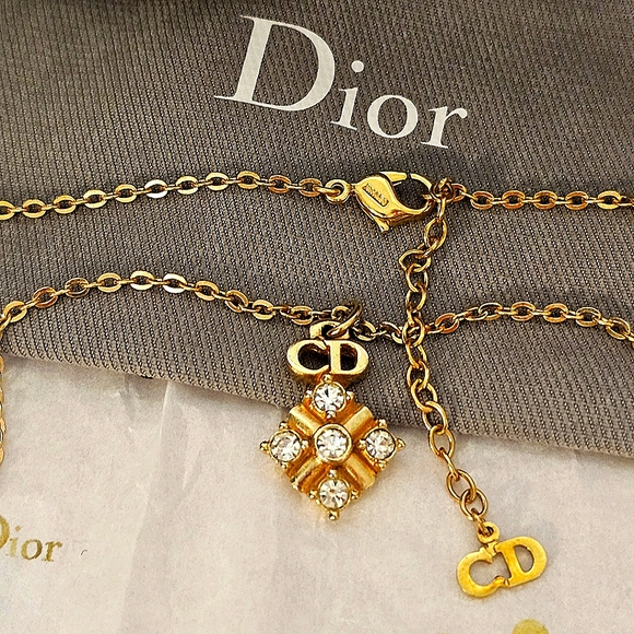 Christian Dior Vintage Gold and Rhinestone "CD" Pendant Necklace - Picture 2 of 14